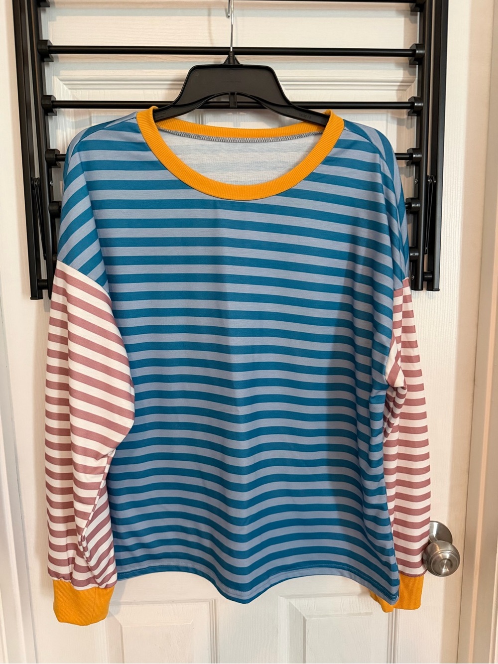 Striped Colorblock Long Sleeve Shirt with Yellow Trim